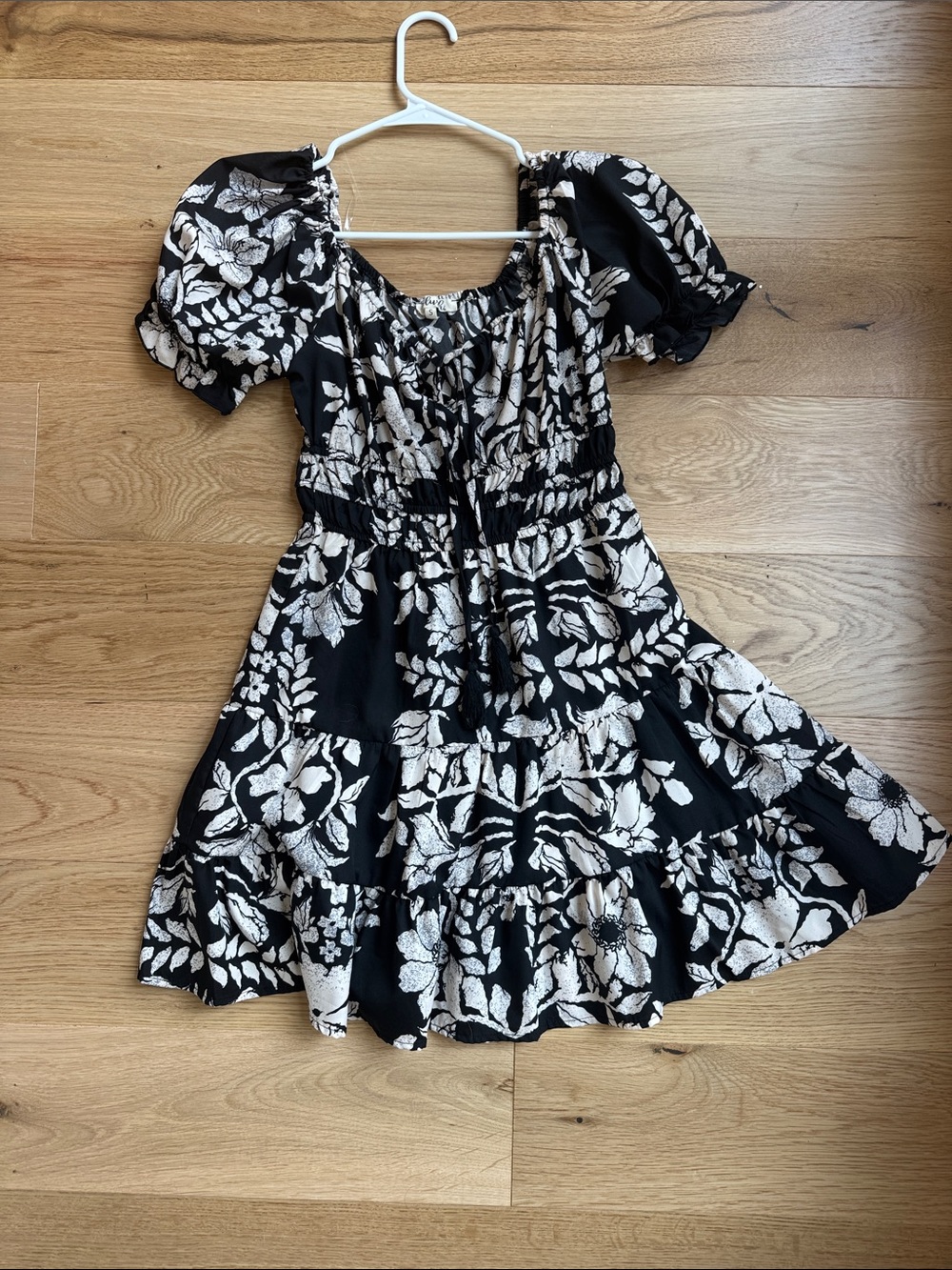 Blush Black and White Floral Puff-Sleeve Dress